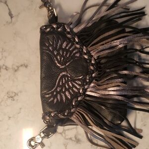 Black fringed leather motorcycle riding side pouch/purse